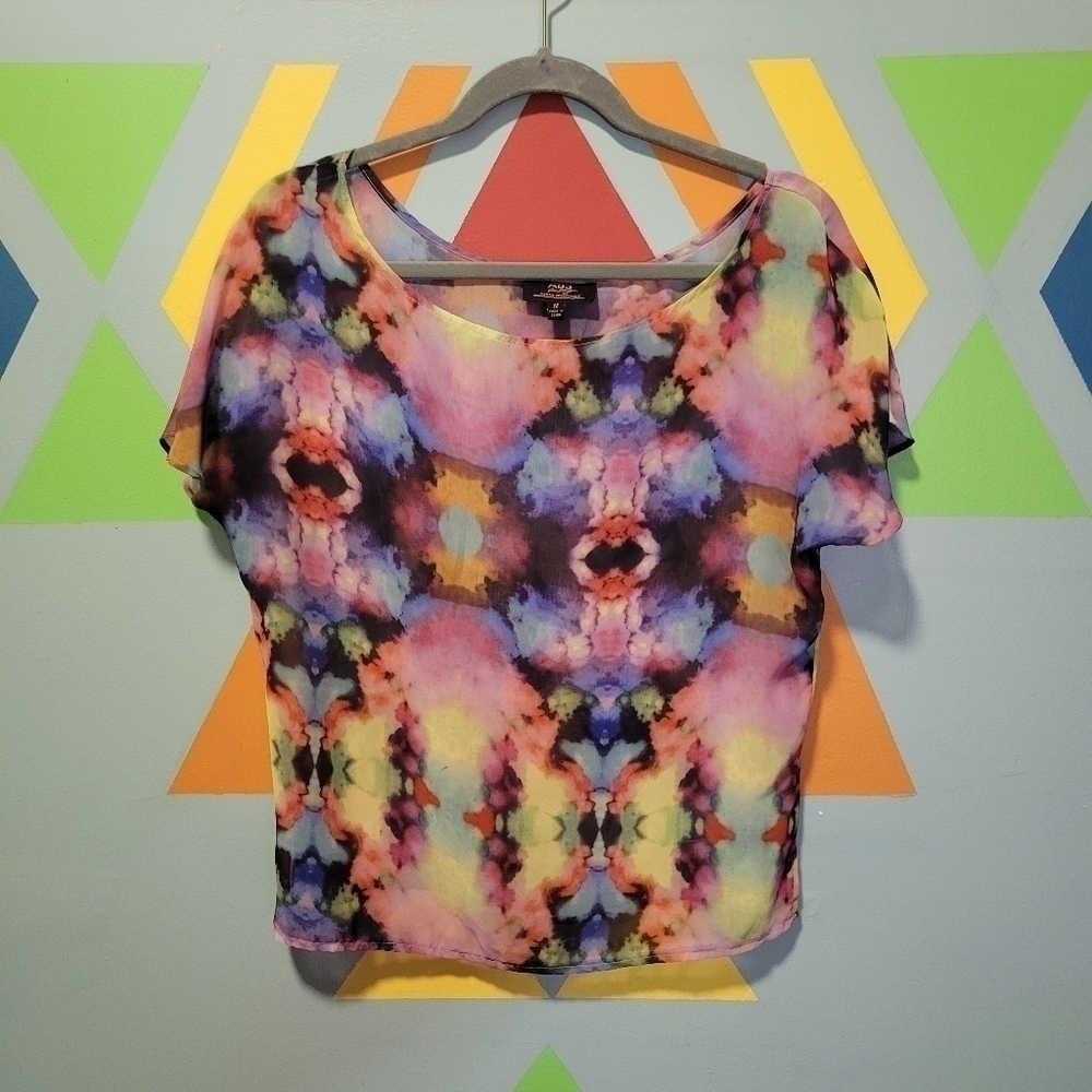 NWOT ABS John Fogerty Women's Sheer Watercolor Print Blouse Size Medium Ptp 21